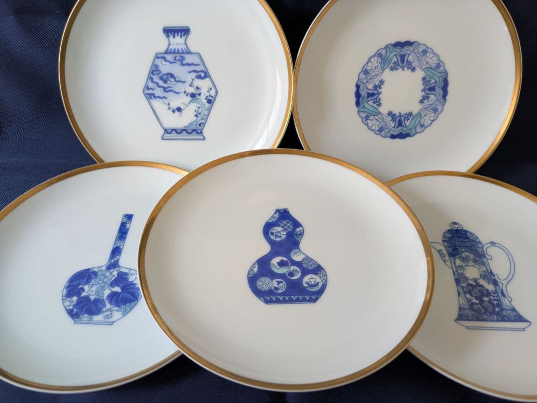 【深川製磁】ブルーチャイナ 丸サービス皿 5枚揃え 箱有り