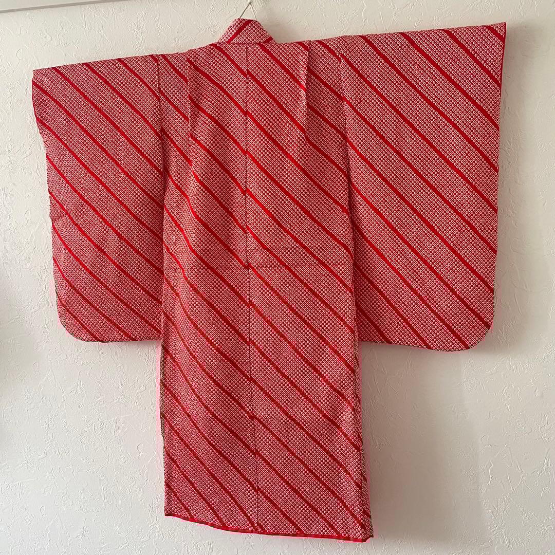 七五三　3歳　正絹　総絞りのお着物セット　赤色半幅帯コーデ