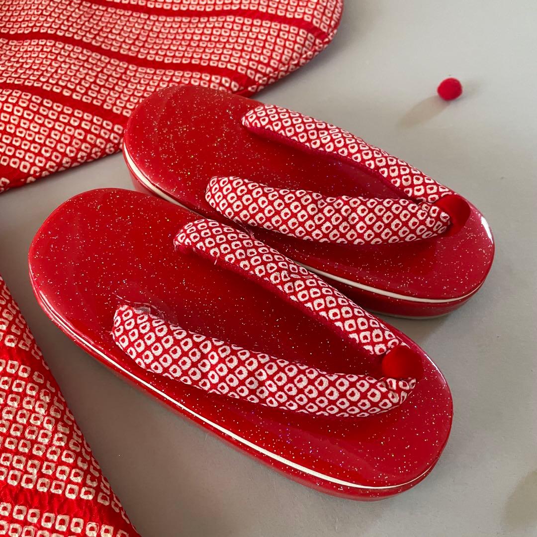 七五三　3歳　正絹　総絞りのお着物セット　赤色半幅帯コーデ