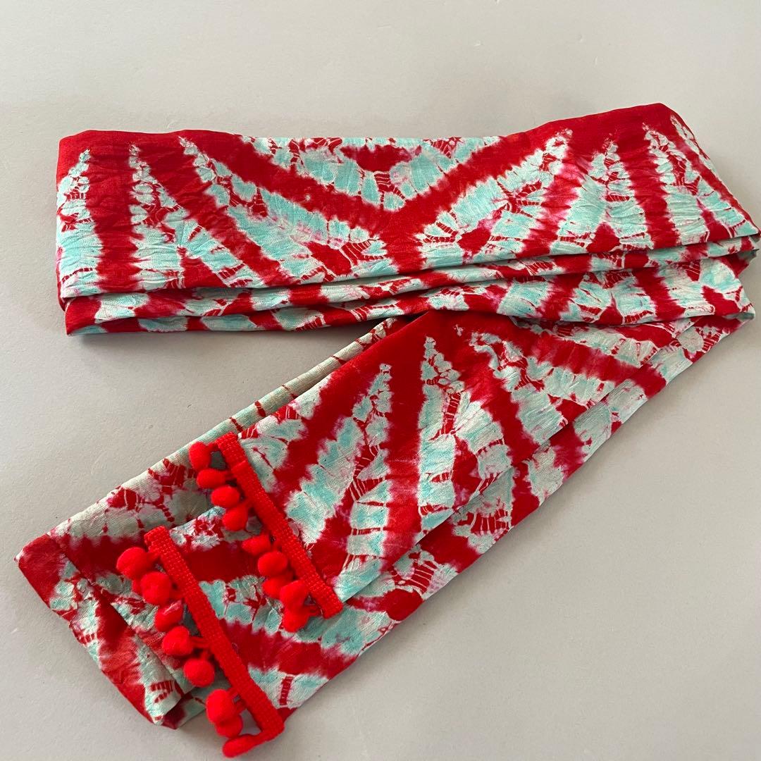 七五三　3歳　正絹　総絞りのお着物セット　赤色半幅帯コーデ