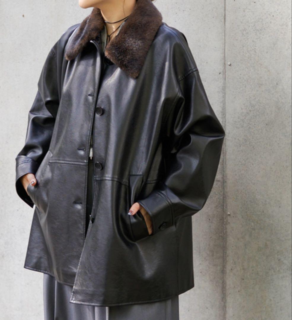 ウォッシャブルフェイクレザーファー襟付カバーオール