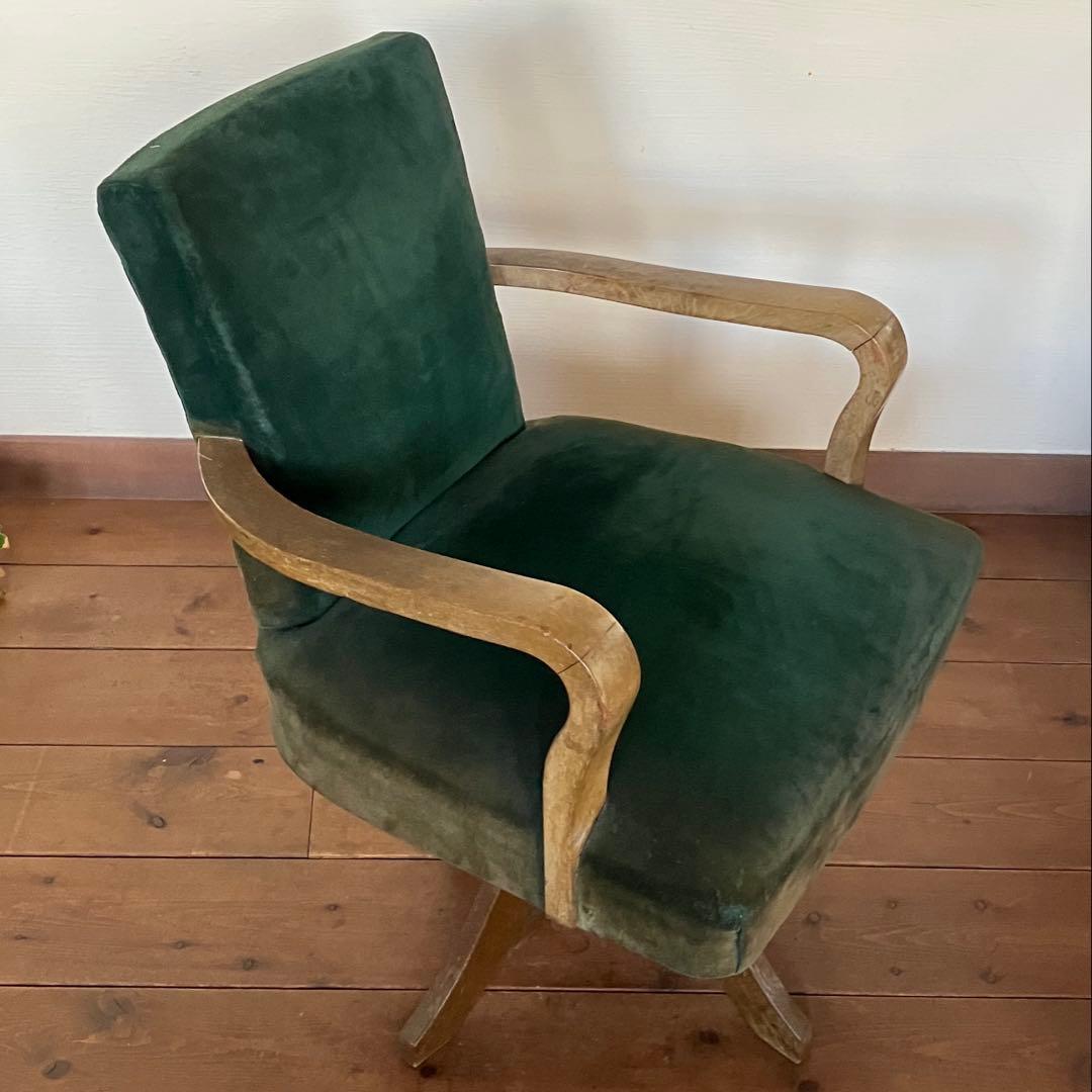 ドクターチェア 回転椅子 昭和レトロなグリーン 布地 スワベルアームチェア