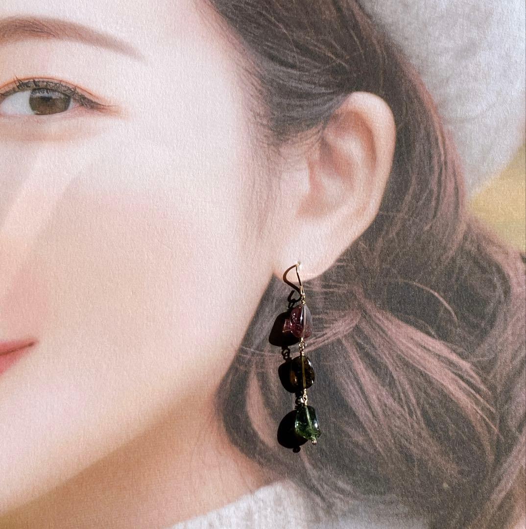 tama◆大粒マルチカラートルマリン3連ピアス✧14kgf