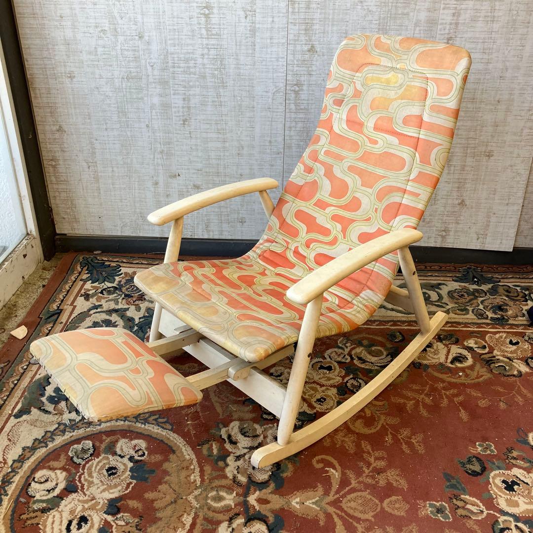 昭和レトロ 松田家具 幾何学柄 木製ロッキングチェア アームチェア ベントウッド