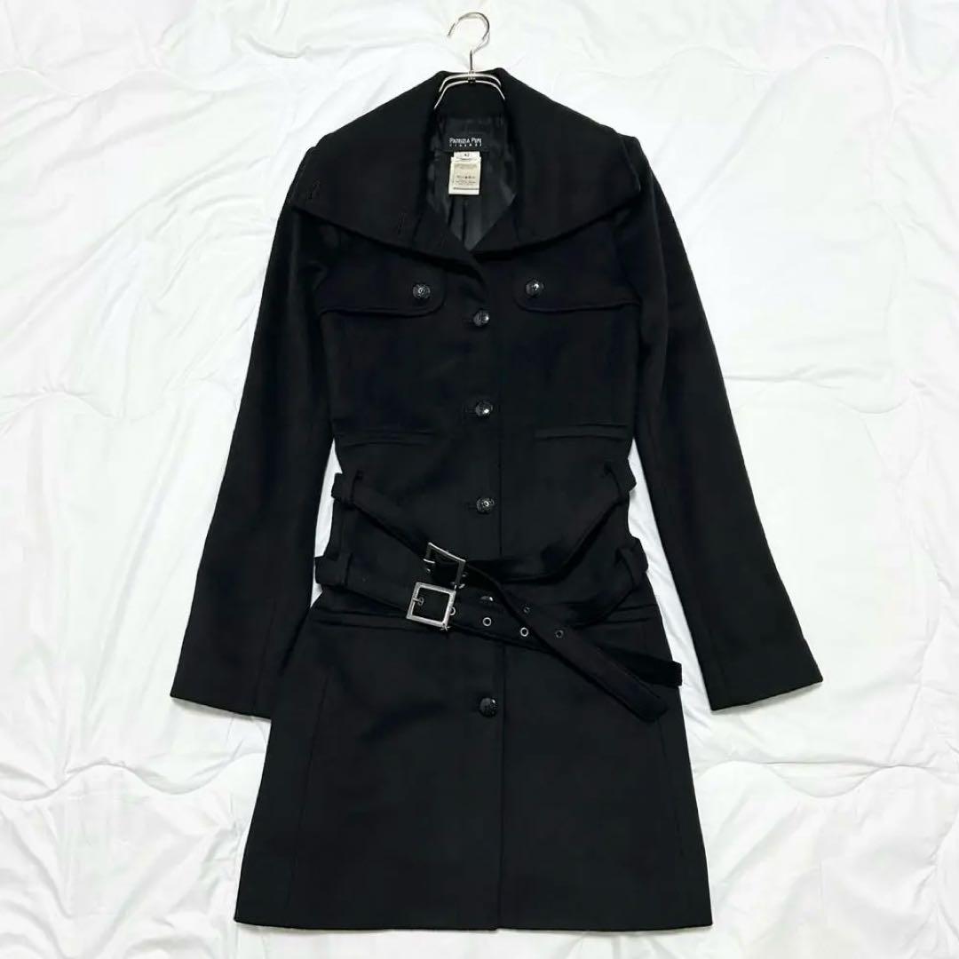 美品　パトリツィアぺぺ　ダブルベルト付き　カシミヤ混　トレンチコート　黒　42