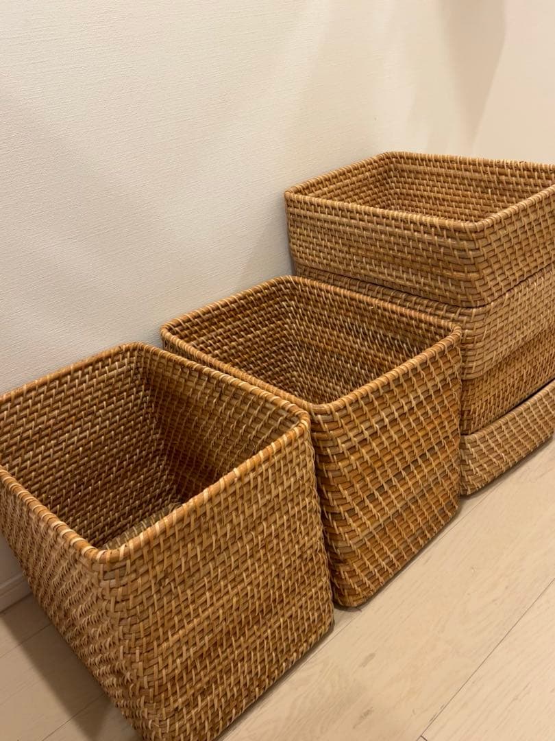 無印 MUJI 重なるラタン長方形バスケット特大2個 中1個　小4個セット
