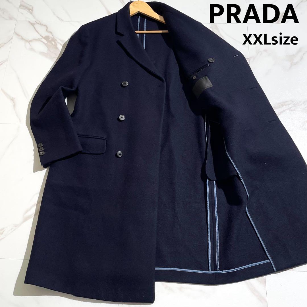 美品 プラダ ダブルチェスターコート XXLサイズ ネイビー ロング 【82】