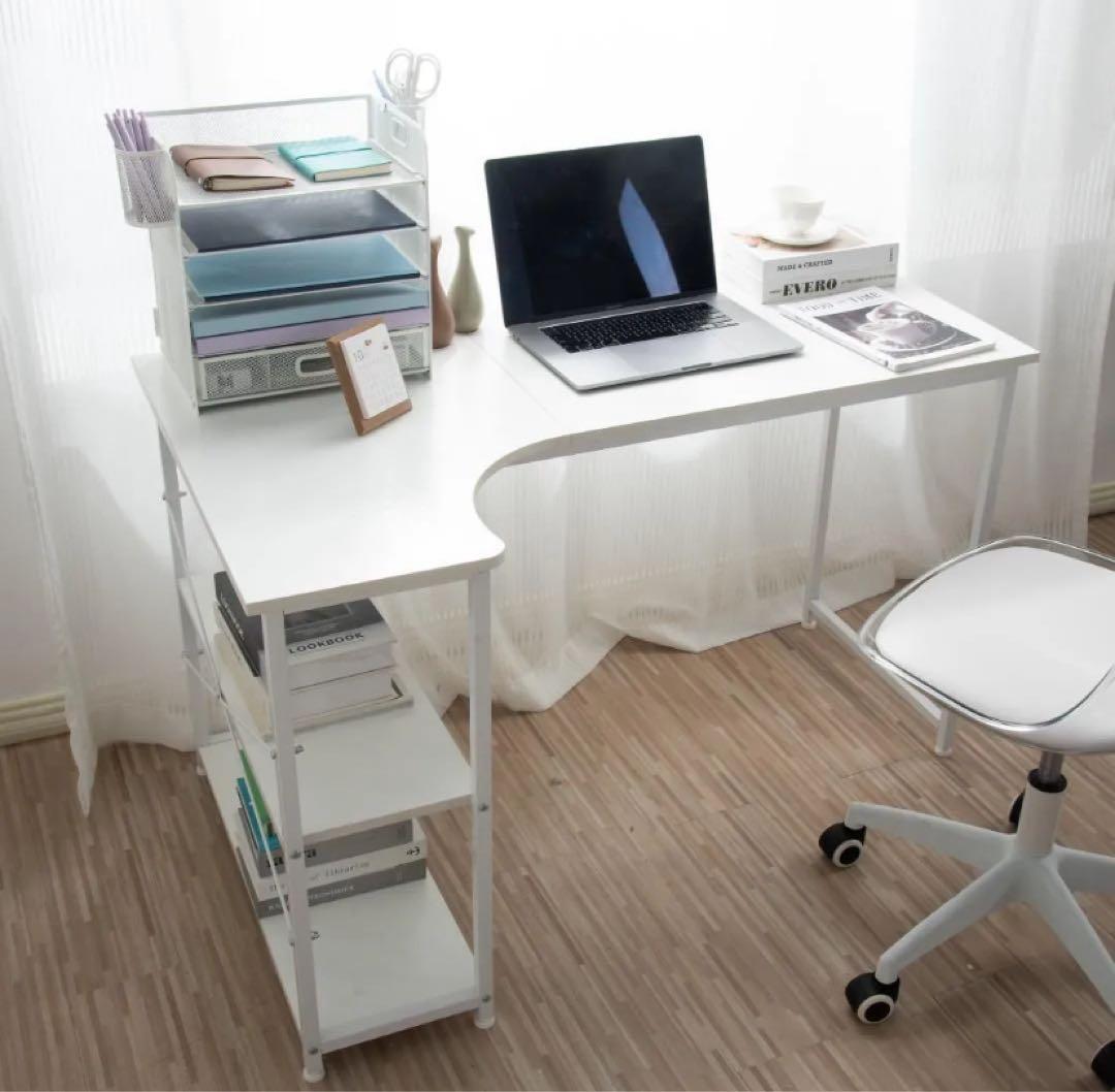 ‼️即日発送‼️ホワイト パソコンデスクL字120cm2段ラック付デスク ホワイト