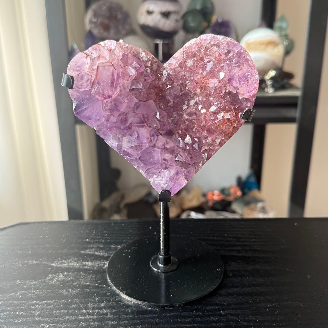 天然石タイチンルチルクォーツ共生アメジストのハート　置物NO.010913