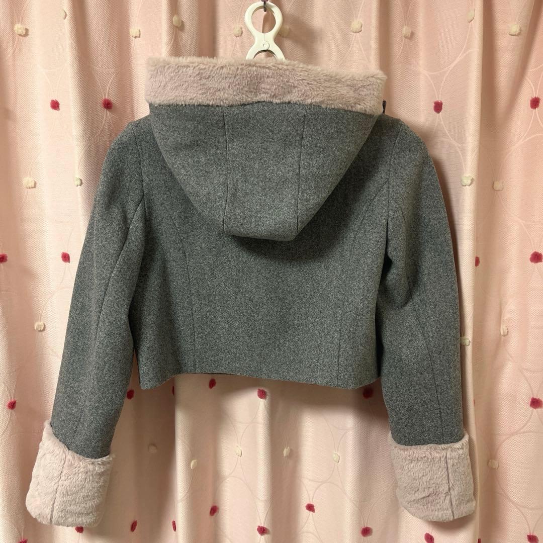 【pium】ファーリボンヨークフリルショートコート グレー ♡おまけ付き