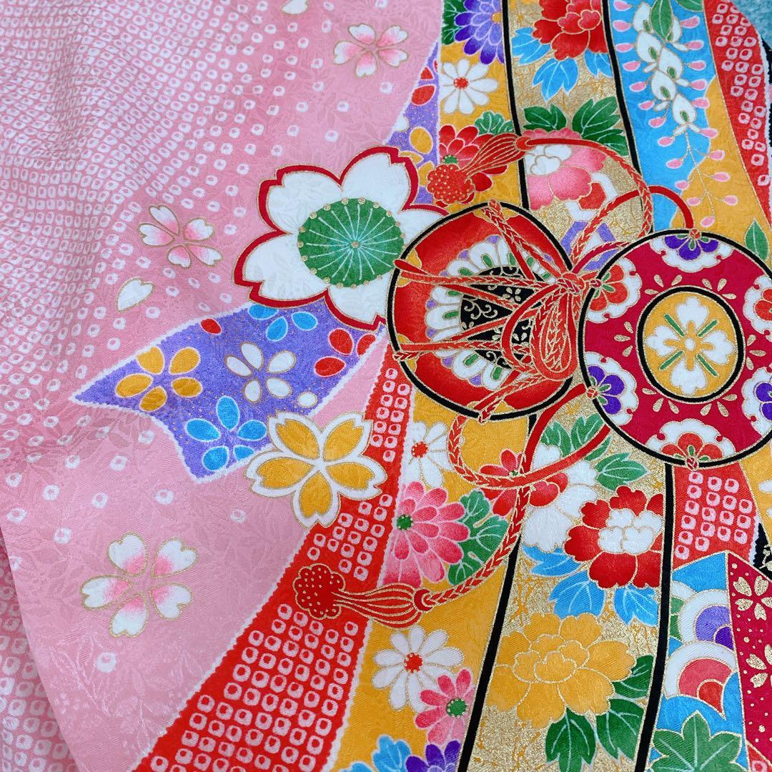 七五三 7歳 正絹 着物 作り帯 バッグ 草履 フルセット 鹿の子 ピンク