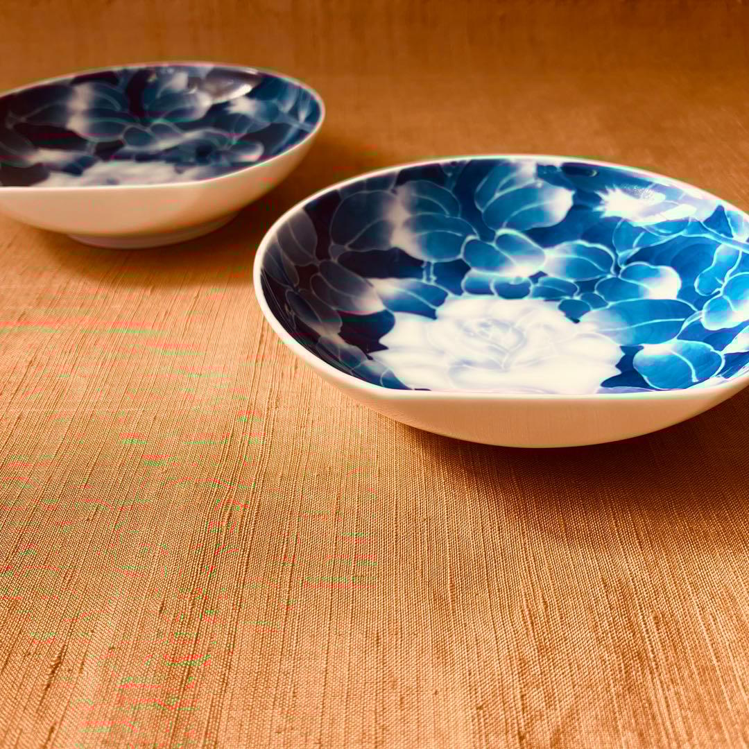 (希少) 深川製磁　古代バラ　半月皿　小皿　2枚　古代薔薇　手書き　有田焼