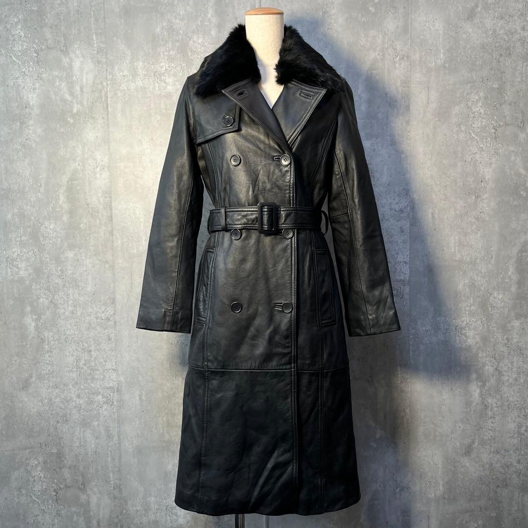 美シルエット☆本革 羊革 ヴィンテージ レザートレンチコート ラビットファー衿付