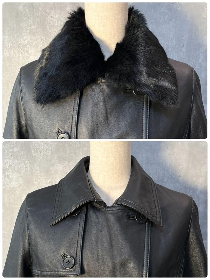 美シルエット☆本革 羊革 ヴィンテージ レザートレンチコート ラビットファー衿付