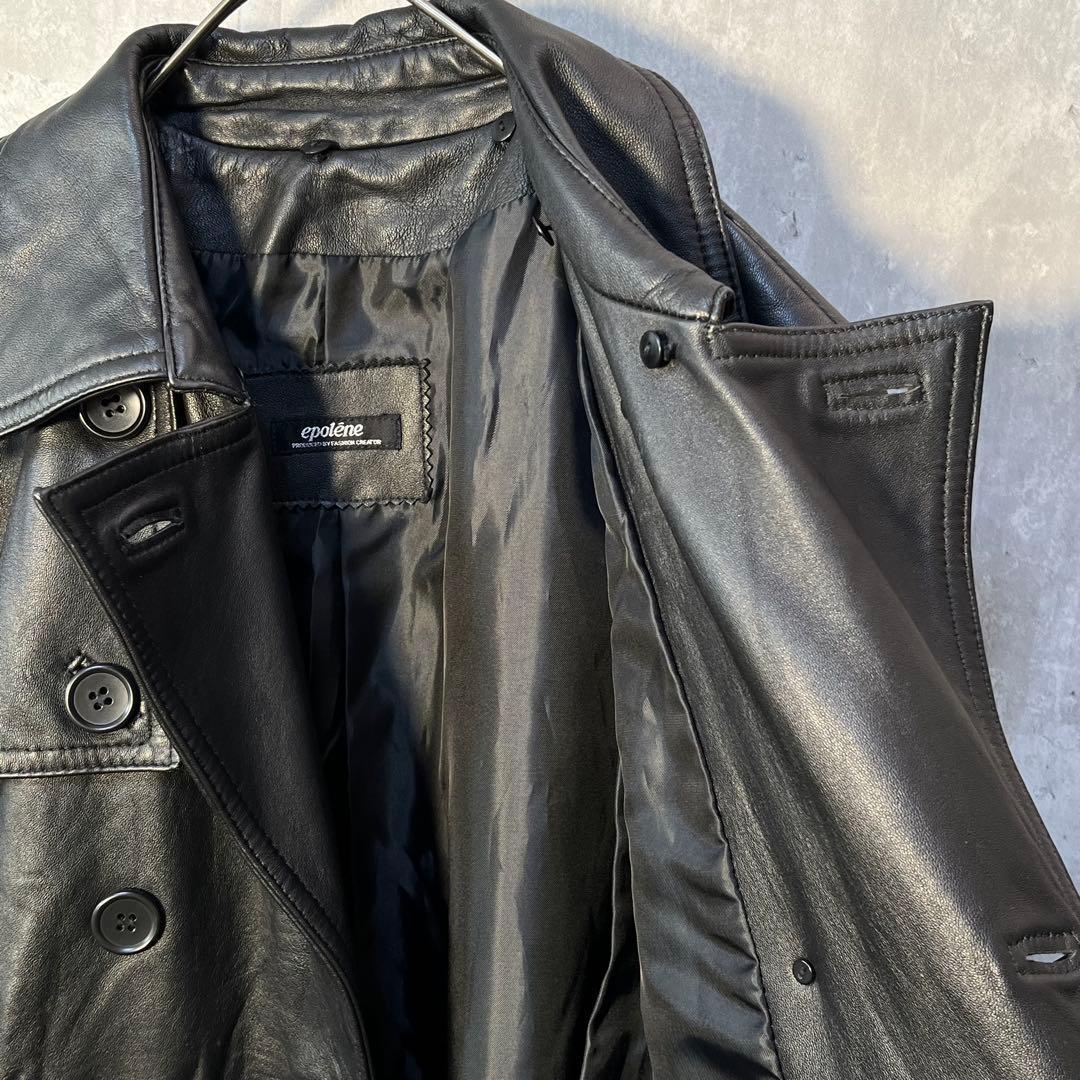 美シルエット☆本革 羊革 ヴィンテージ レザートレンチコート ラビットファー衿付