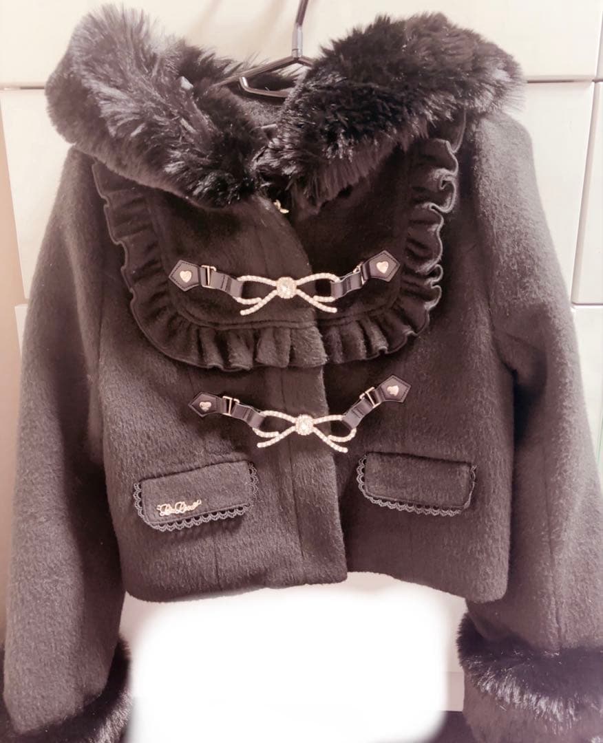 LIZLISA ビジュー リボン ショート フードコート 黒