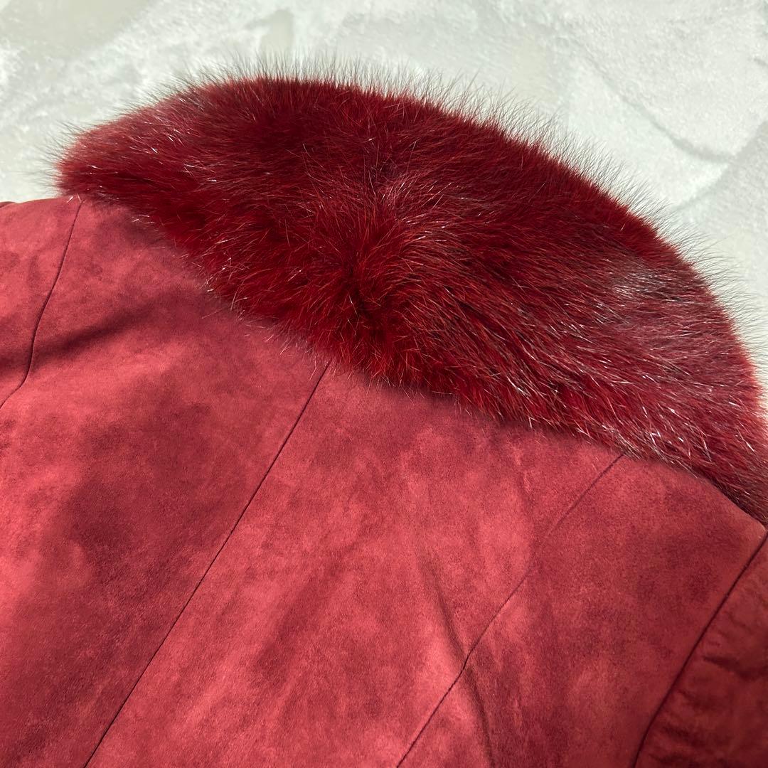 本牛革　ファー付きスウェードコート　赤　バーガンディ　ベルト付きロング　11