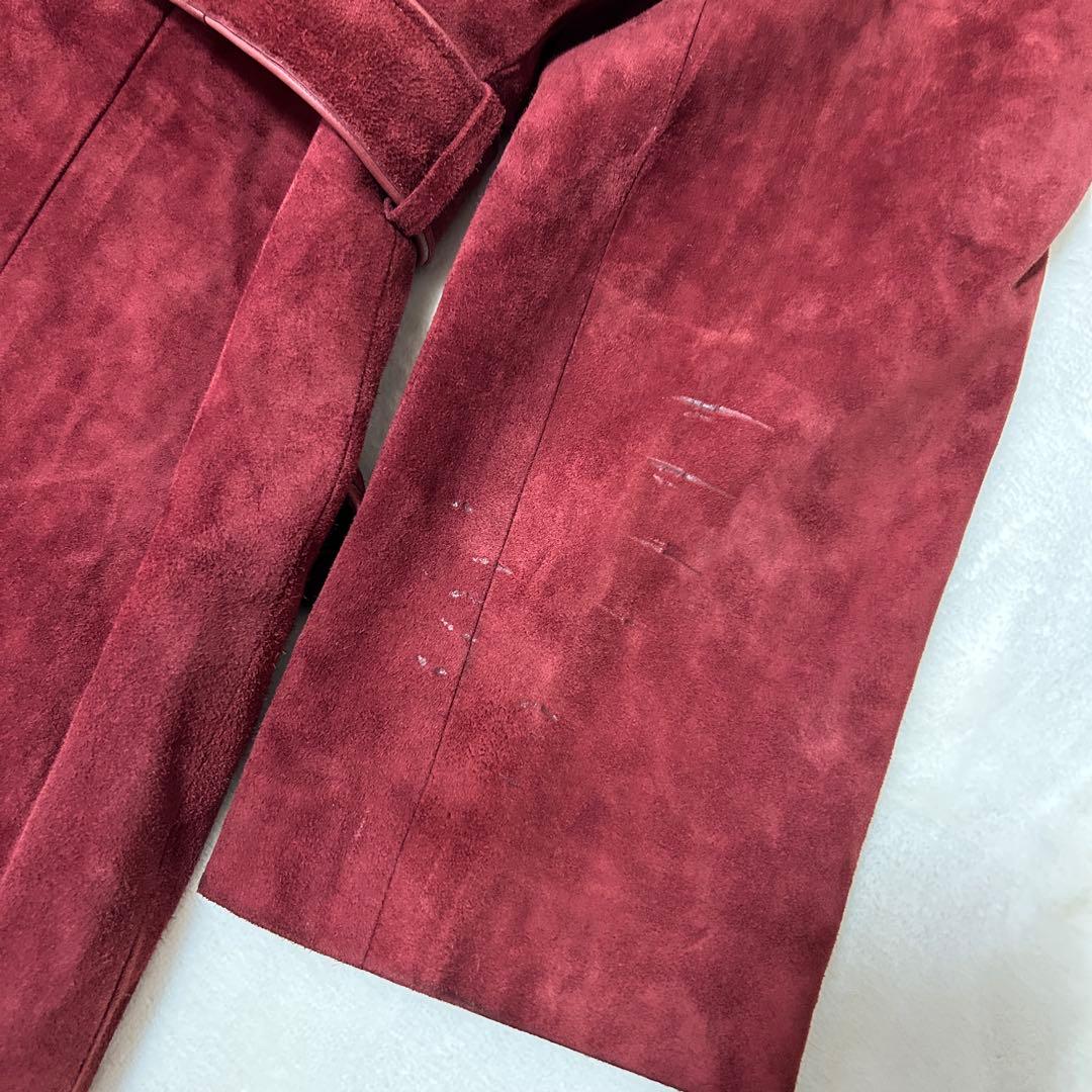 本牛革　ファー付きスウェードコート　赤　バーガンディ　ベルト付きロング　11