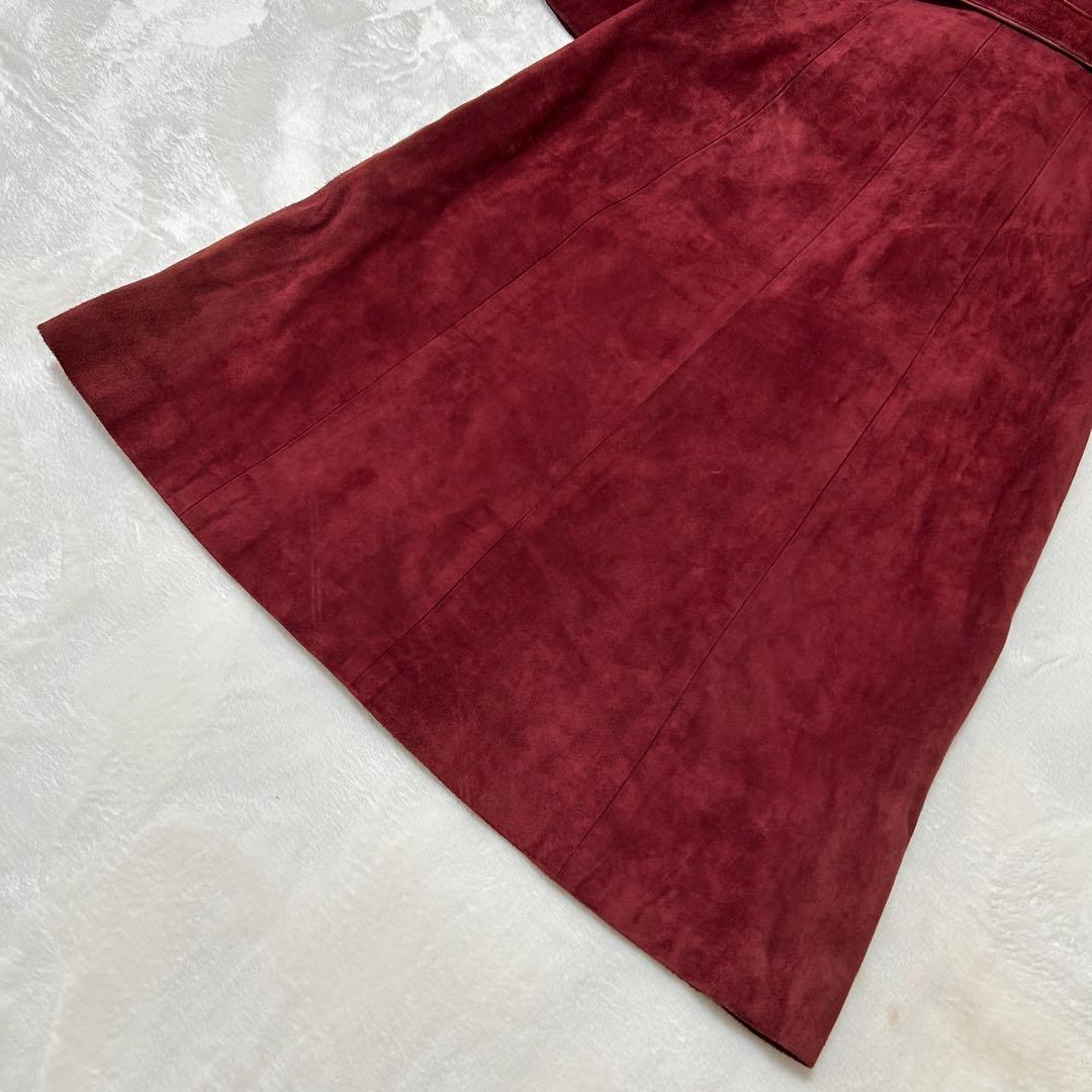 本牛革　ファー付きスウェードコート　赤　バーガンディ　ベルト付きロング　11