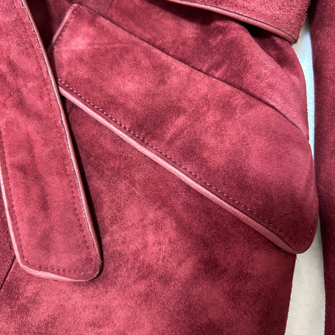 本牛革　ファー付きスウェードコート　赤　バーガンディ　ベルト付きロング　11