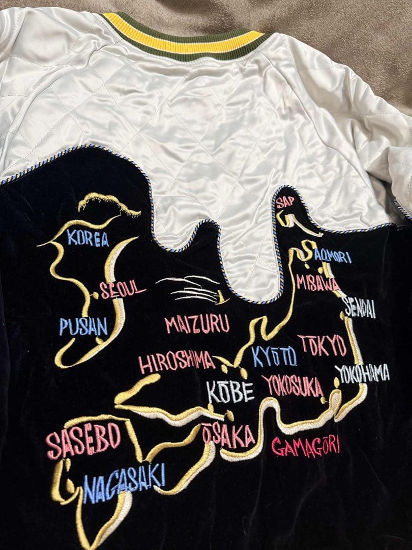 ２面用 未使用 別珍 日本地図 鶴 スカジャン unisex 美品 サテン