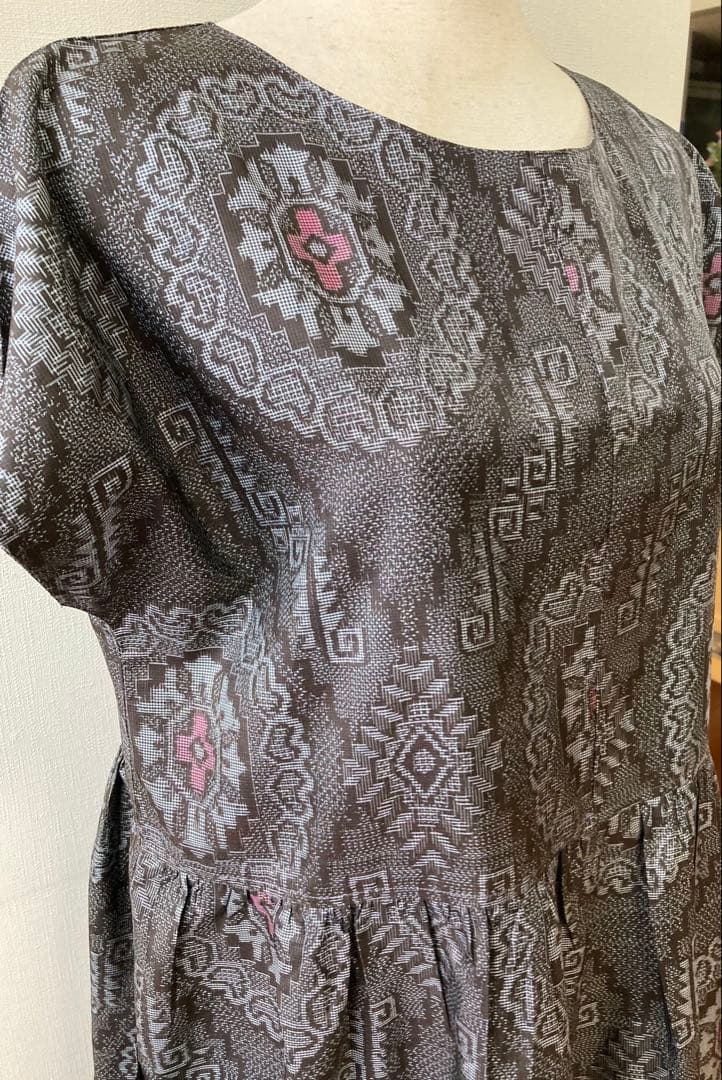 ハンドメイド　大島紬　着物からのリメイク　フレンチスリーブワンピース