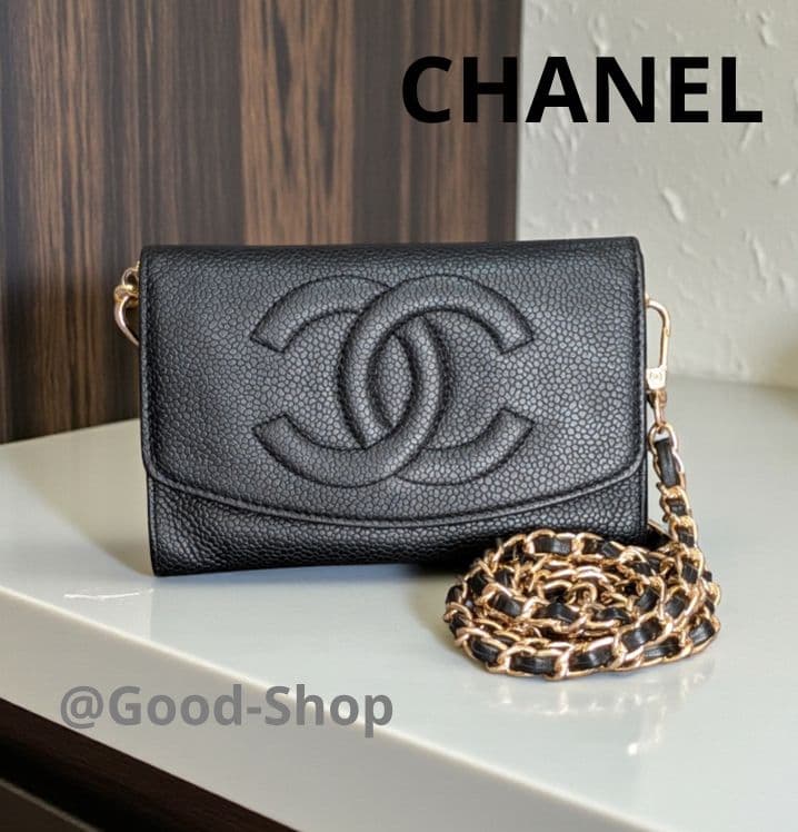 シャネル　デカココ　ミニ財布　黒　キャビアスキン　チェーンウォレット　小銭入れ
