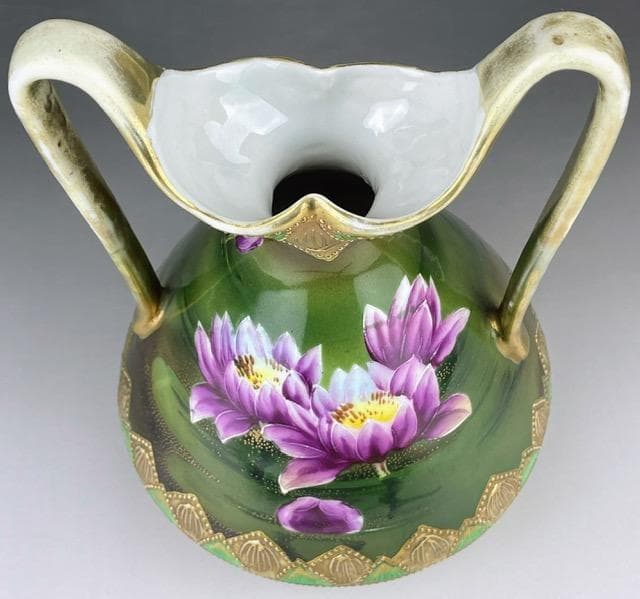 【希少】 オールドニッポン 20.3㎝ 水連図 両耳花瓶 金盛り 緑 グリーン