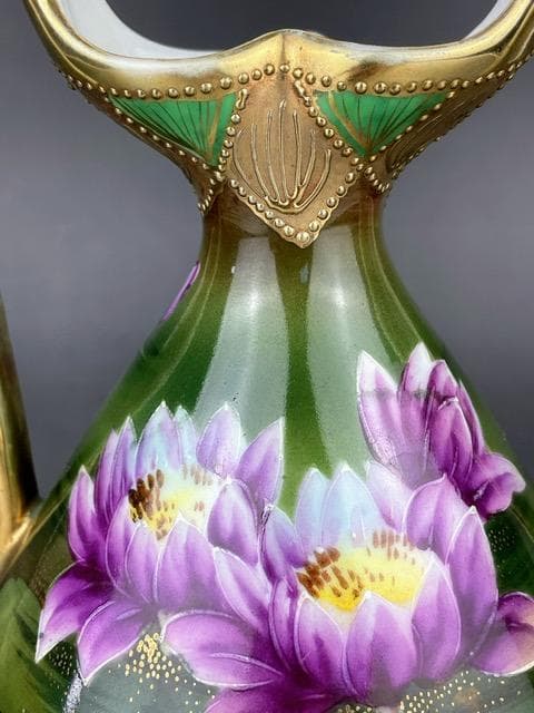 【希少】 オールドニッポン 20.3㎝ 水連図 両耳花瓶 金盛り 緑 グリーン