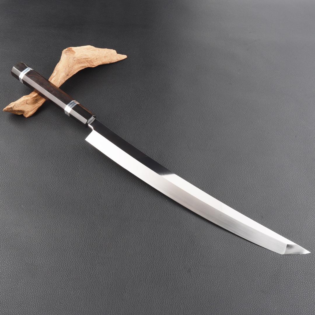 11071鬼反り先丸包丁尺二鏡面仕上げ刺身包丁刃は究極の切れ味黒檀五本銀巻八角柄