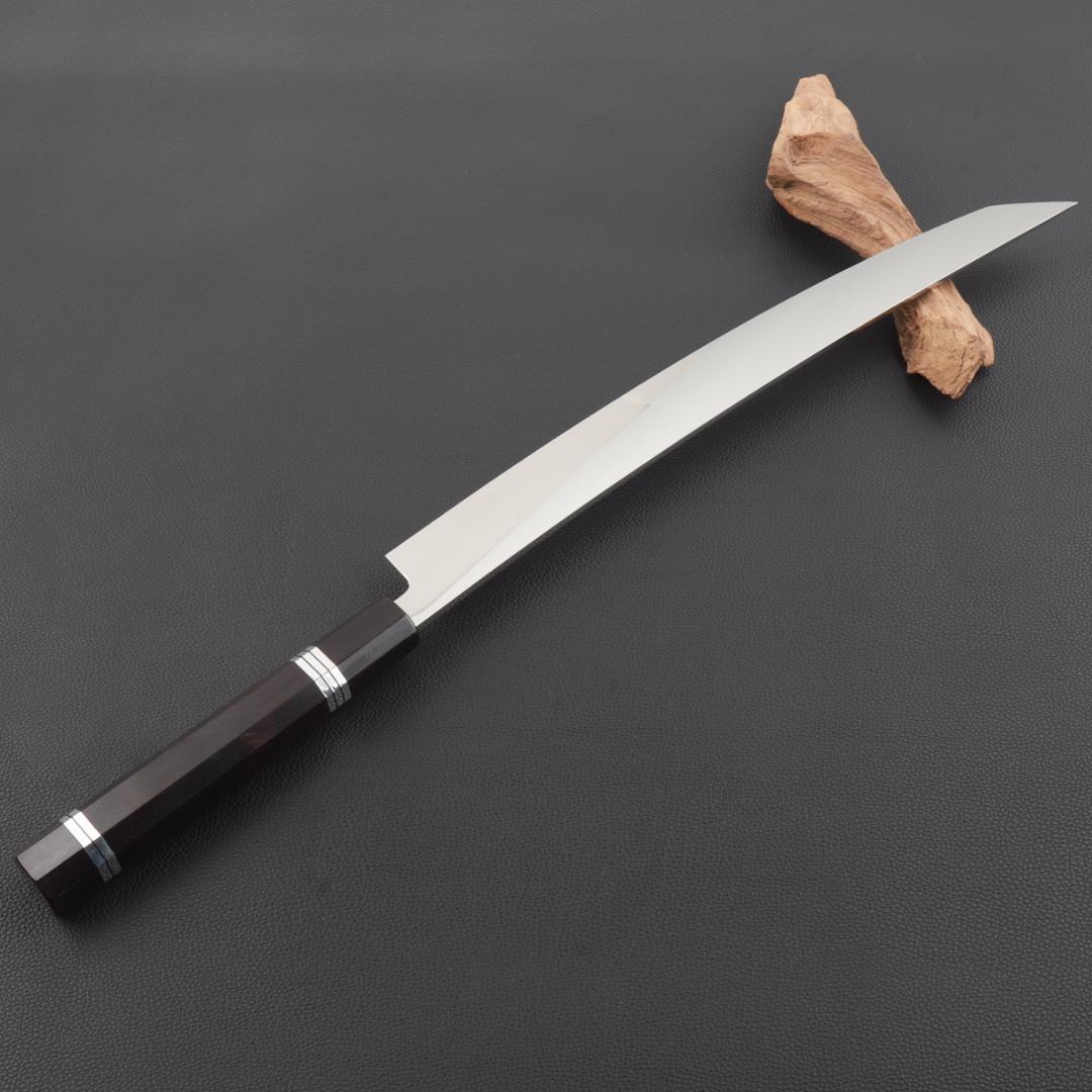 11071鬼反り先丸包丁尺二鏡面仕上げ刺身包丁刃は究極の切れ味黒檀五本銀巻八角柄