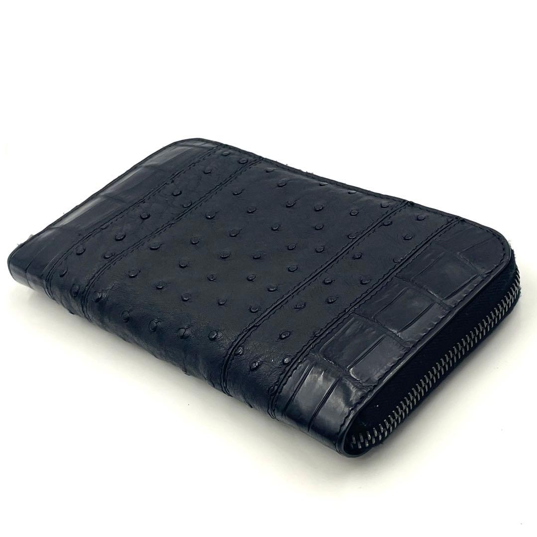 【未使用級】ボッテガ オーストリッチ×リアルクロコダイル ジッピーウォレット黒