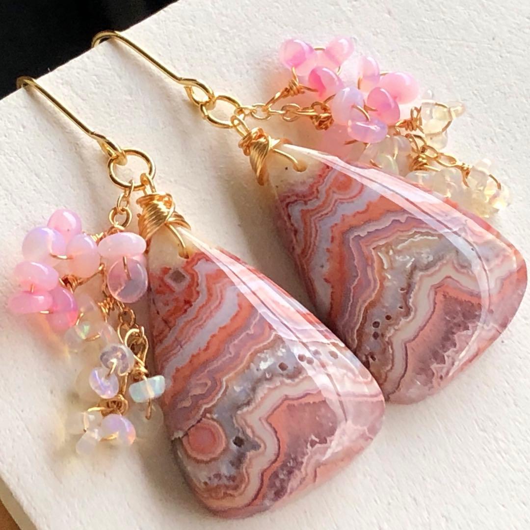 天然石♡レア♡ピンククレイジーレースアゲートのピアス14kgf