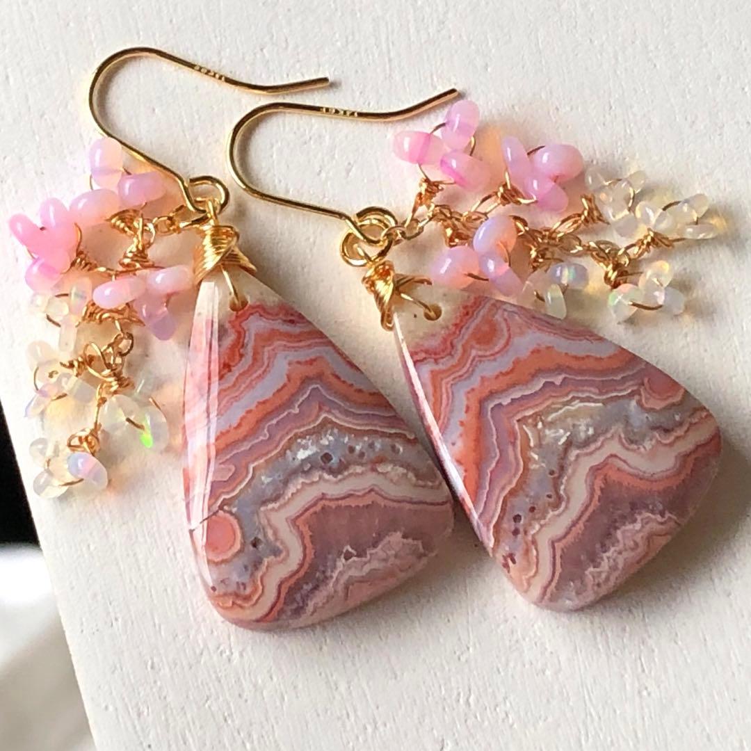 天然石♡レア♡ピンククレイジーレースアゲートのピアス14kgf