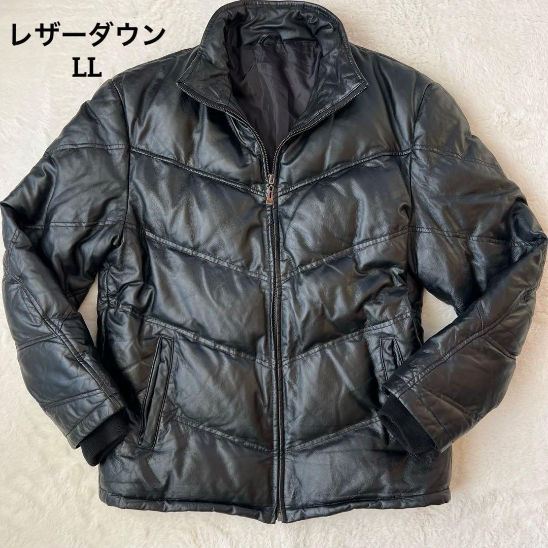 良品 ✨シープスキン　羊革 V字キルト レザーダウンジャケット LL 本革 希少