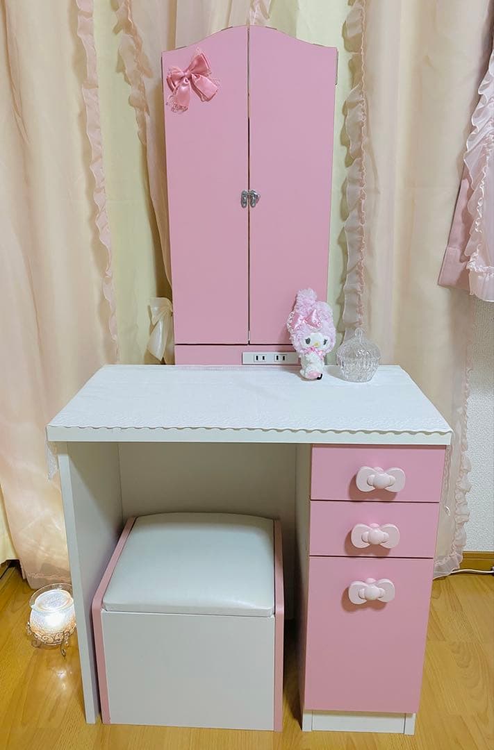 【送料無料】姫系ドレッサー　三面鏡　椅子セット　キティー風♡ レア　希少