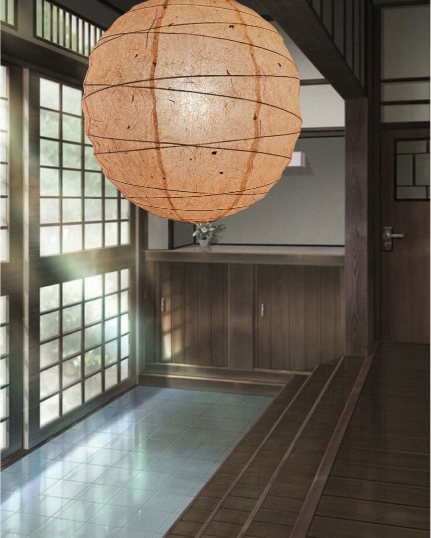 径45㎝丸杉皮入和紙灯具付提灯照明ペンダント