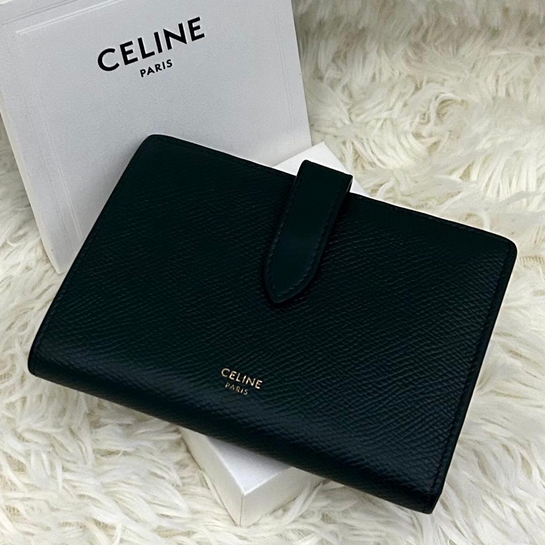 CELINE ミディアム ストラップ ウォレット 二つ折り財布 グリーン系