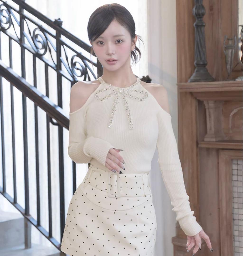 Darich ダーリッチ　リボンビジューアメスリニットトップス　アイボリー