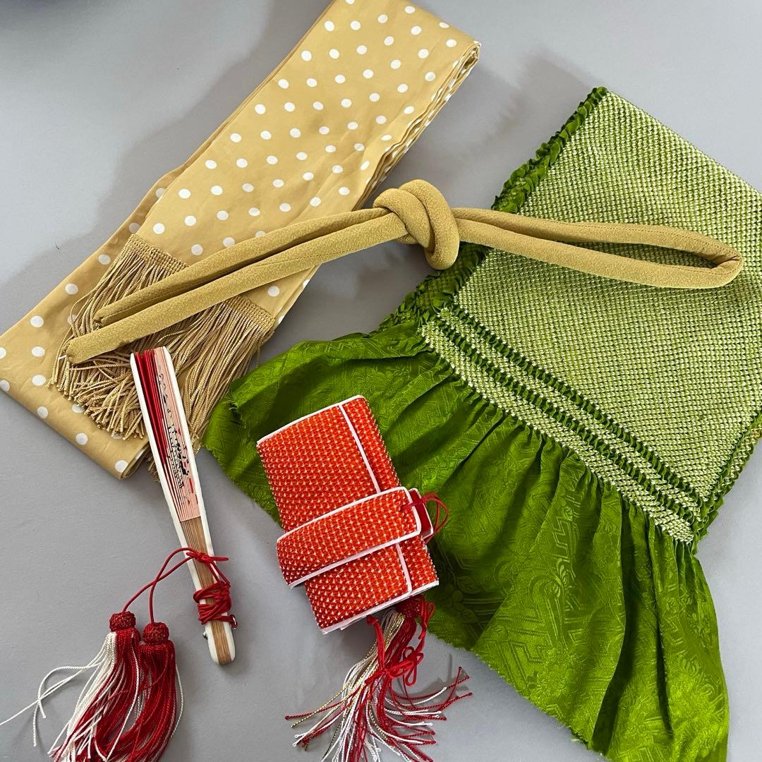 七五三　7歳　8歳　ハーフ成人式　正絹　総絞りのお着物セット　ダラリ帯コーデ