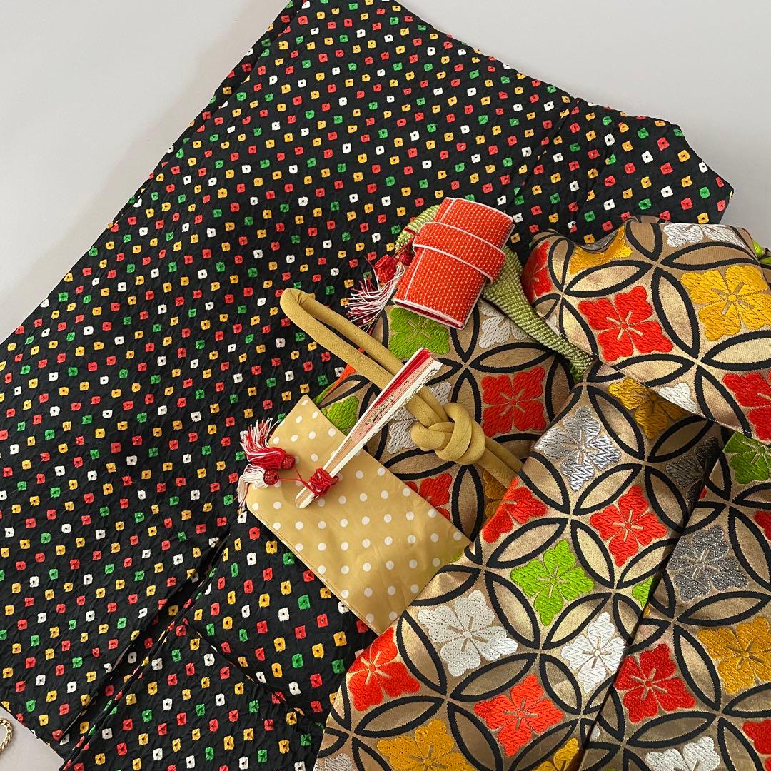 七五三　7歳　8歳　ハーフ成人式　正絹　総絞りのお着物セット　ダラリ帯コーデ