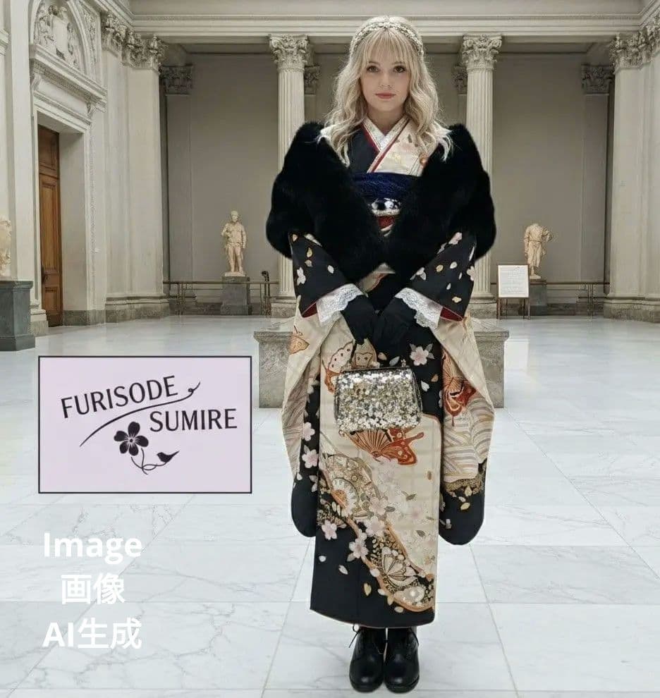 405白地レトロモダン　舞蝶桜　正絹振袖7点フルセット成人式卒式謝恩会