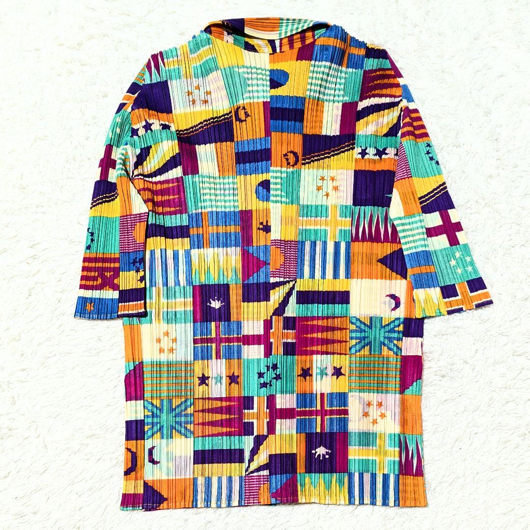 プリーツプリーズ 国旗 半袖ブラウス カットソー 洗える LL マルチカラー