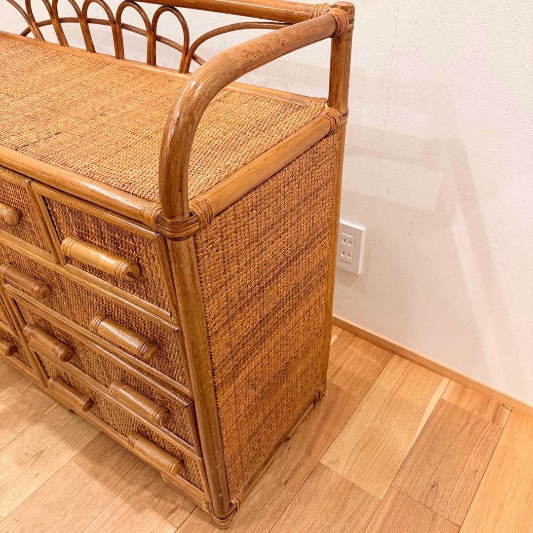 アンティーク ラタン 籐 ワイド ローチェスト 棚 10杯 テレビ台 昭和レトロ