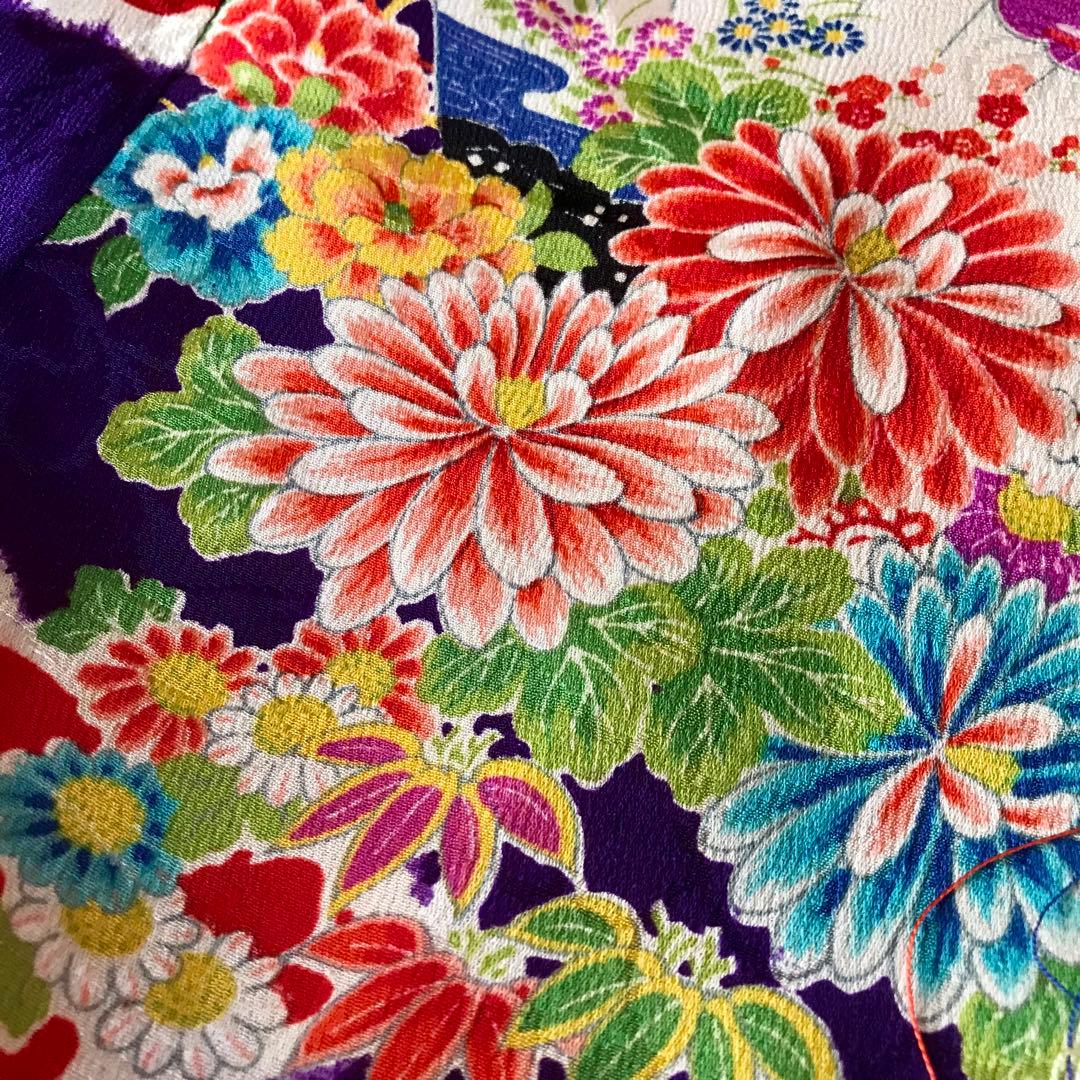 正絹 アンティーク着物 女の子 お宮参り 七五三 ◇紫 花車 扇 【美品】