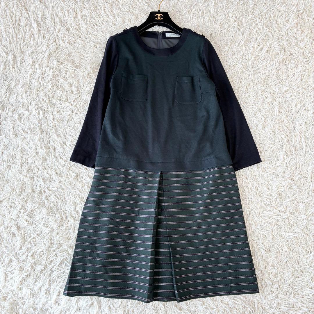 ネミカ NEMIKA レリアン 13+ 異素材 ドッキング ワンピース 深緑