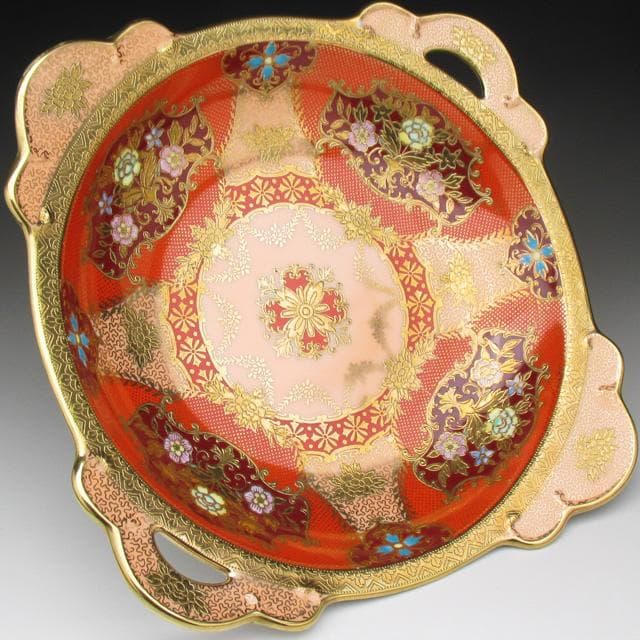 オールドノリタケ オレンジ色地金盛り花文 スクエアボウル 23cm