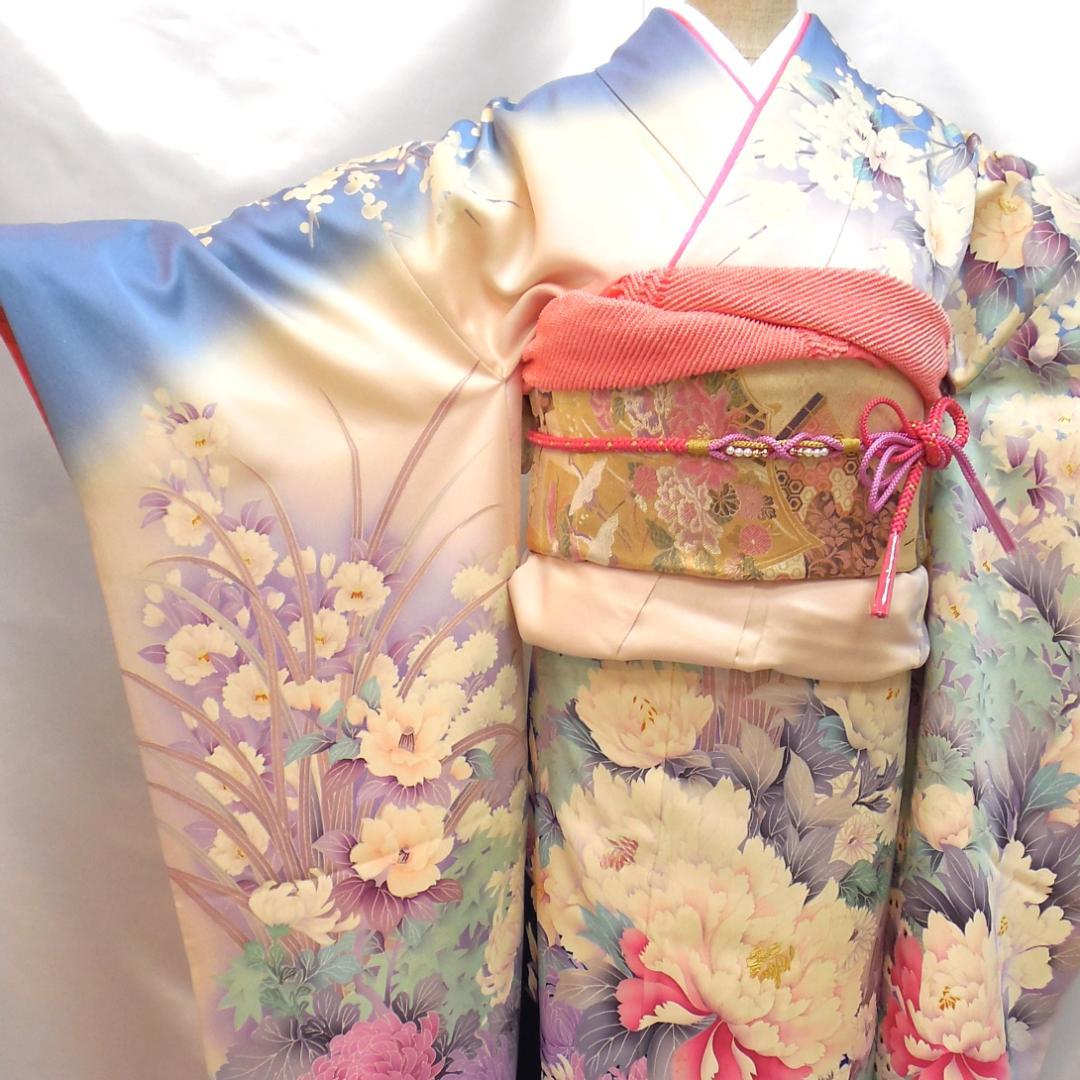 美品★振袖フルセット　正絹　成人式　振袖　7点セット　Mサイズ　水色　花柄