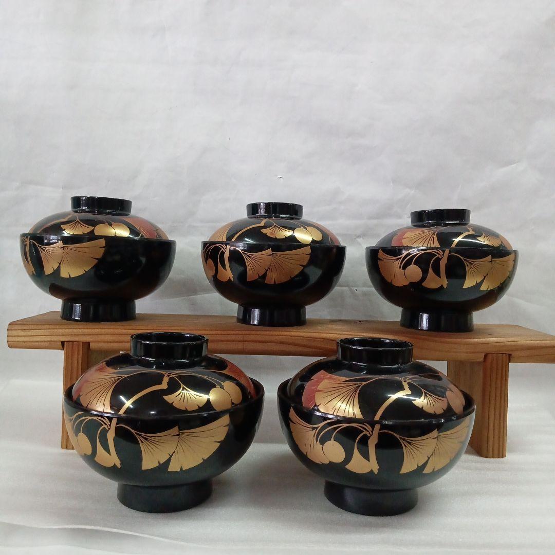 漆塗り椀　天然木５客セット　寿箸付き