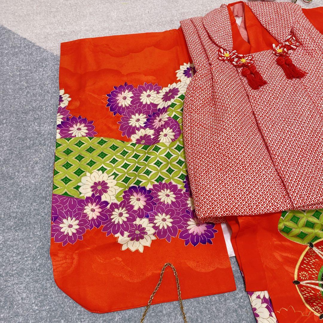 七五三 3歳 アンティーク 着物 被布 バッグ 草履 髪飾り セット